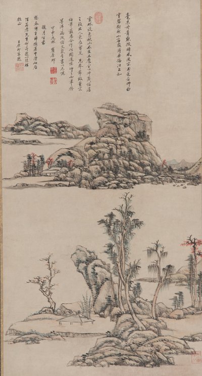 Herfstbergen in de Stijl van Ni Zan, Qing-dynastie, 1704 door Wang Yuanqi
